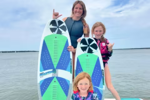 mom and 2 girls about to wakeboard